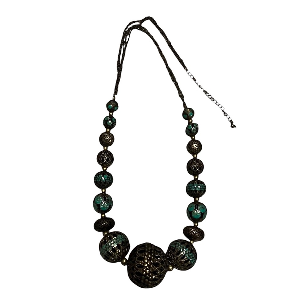 Green Gold Blown Metal Floral Ball 11” Necklace